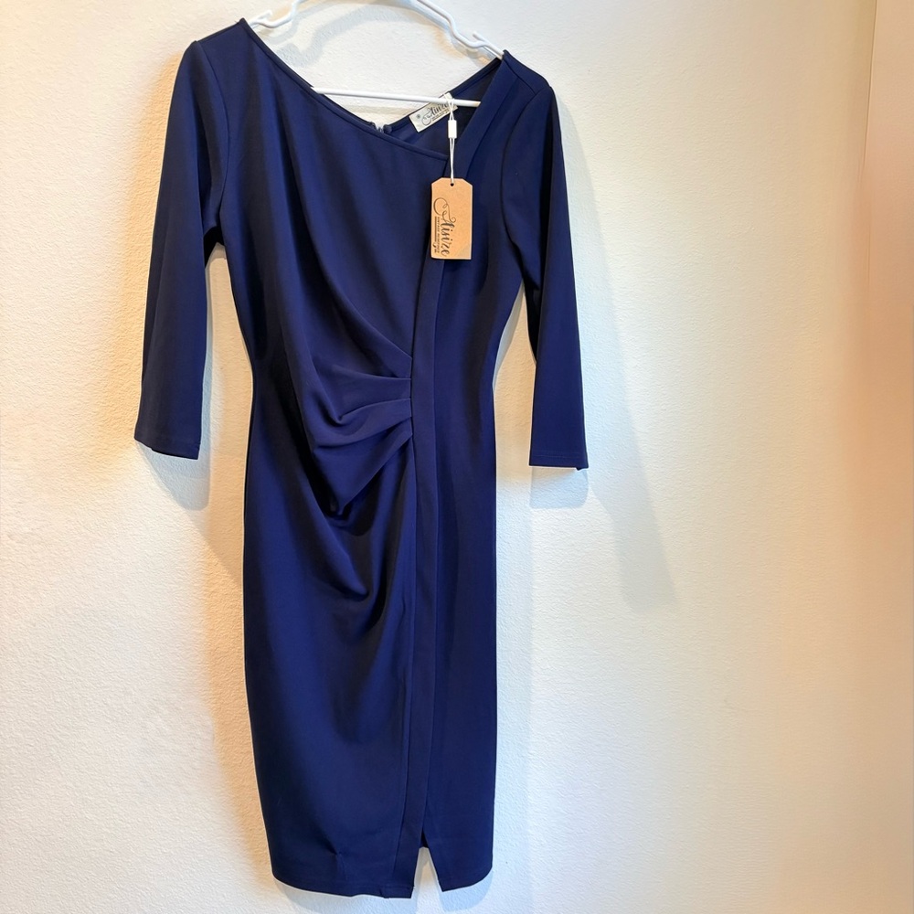 NWT AISIZE Navy Blue Asymmetrical Neck Ruched Bodycon Cocktail Dress M